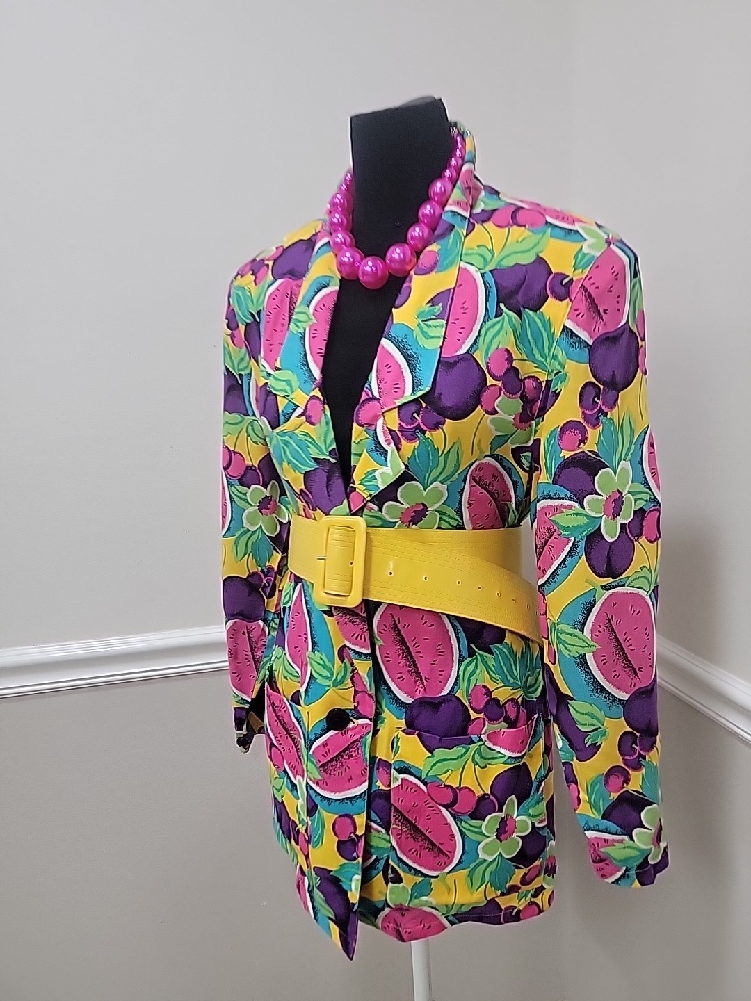 VTG’80s Claudia Kitsch Fruit Print Blazer Jacket Watermelon Cherry Pop Art Deco