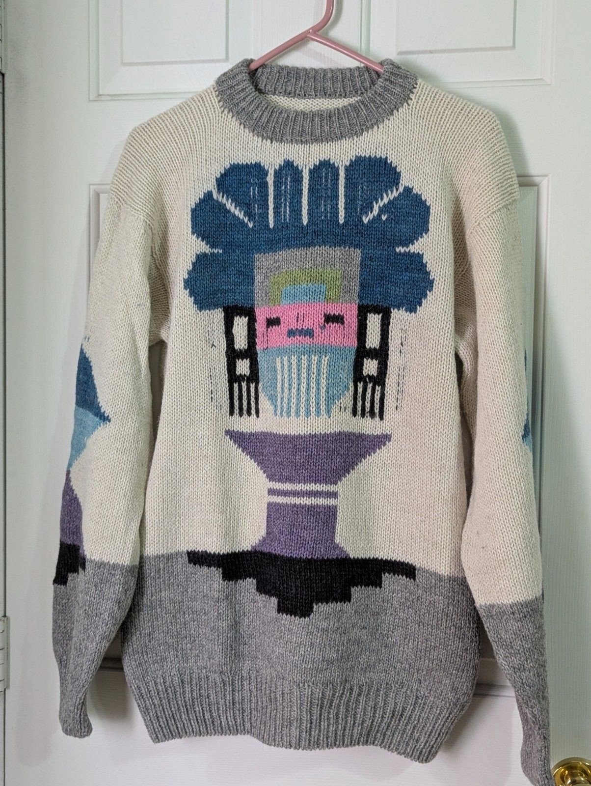 VTG Hand Knit Wool L/S Sweater Womens XL Beige Gray Southwestern Aztec Kachina