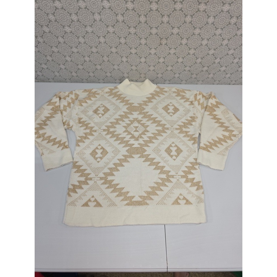 Vintage Jolie New York Aztec Knit Sweater Cream Tan Made In USA Retro See pics