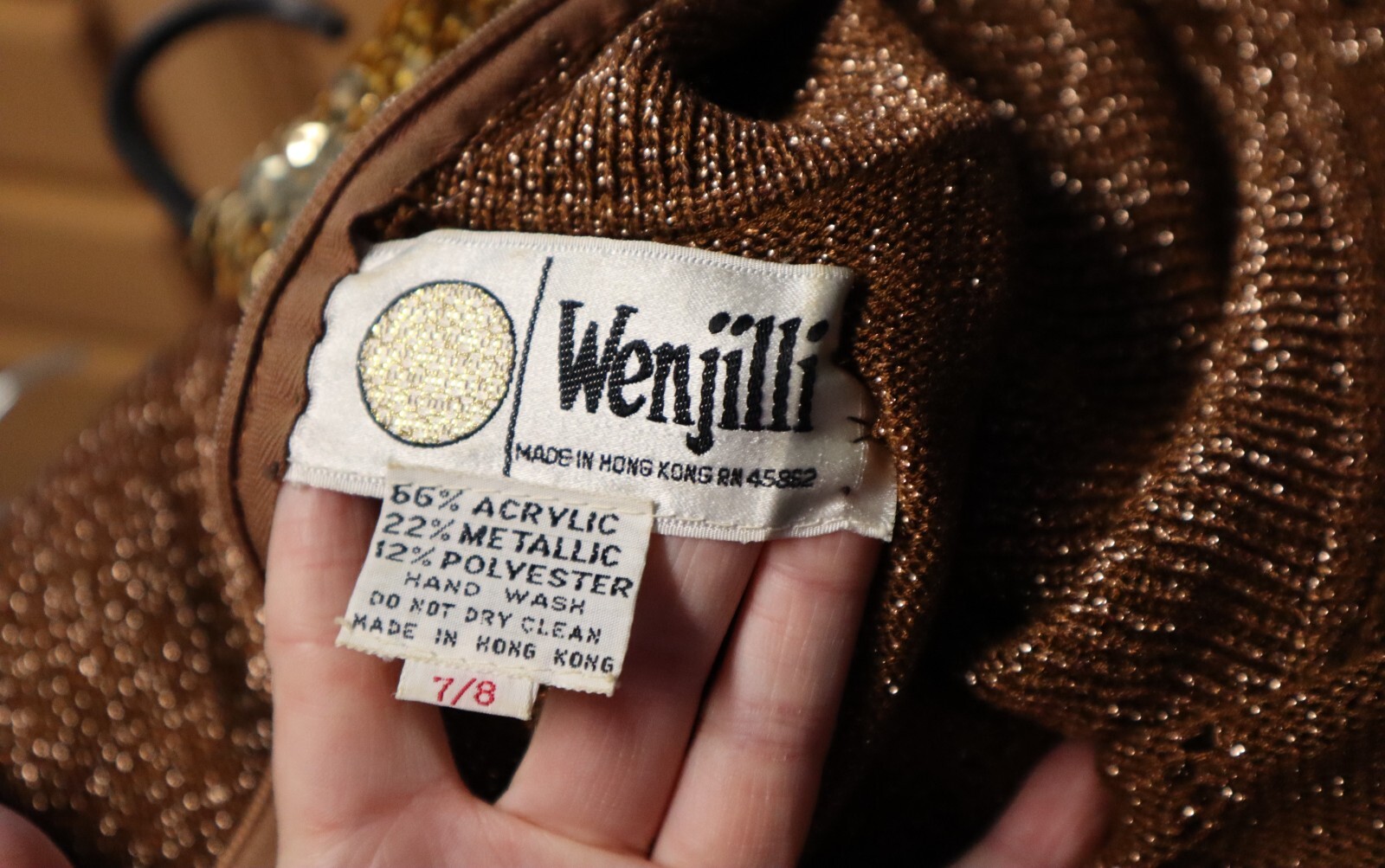 Vintage 1970s Wenjilli Glam Lurex Knit Sparkling Copper Maxi Dress size 7/8