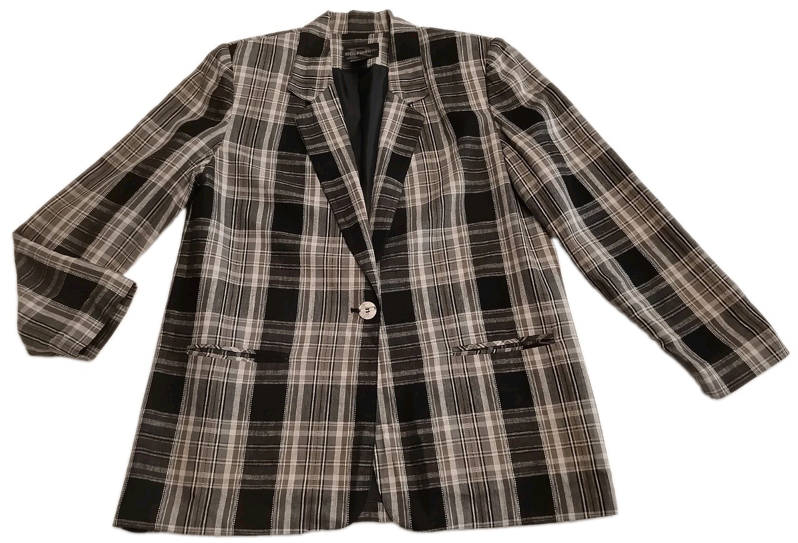 Vintage Requirements Plaid Linen Blend Blazer in Black Olive Green Brown Sz 14