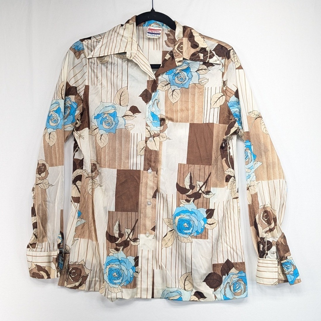 Vintage Pykettes 70s Floral Geometric Nylon Button Up Blouse Blue Brown Size 16