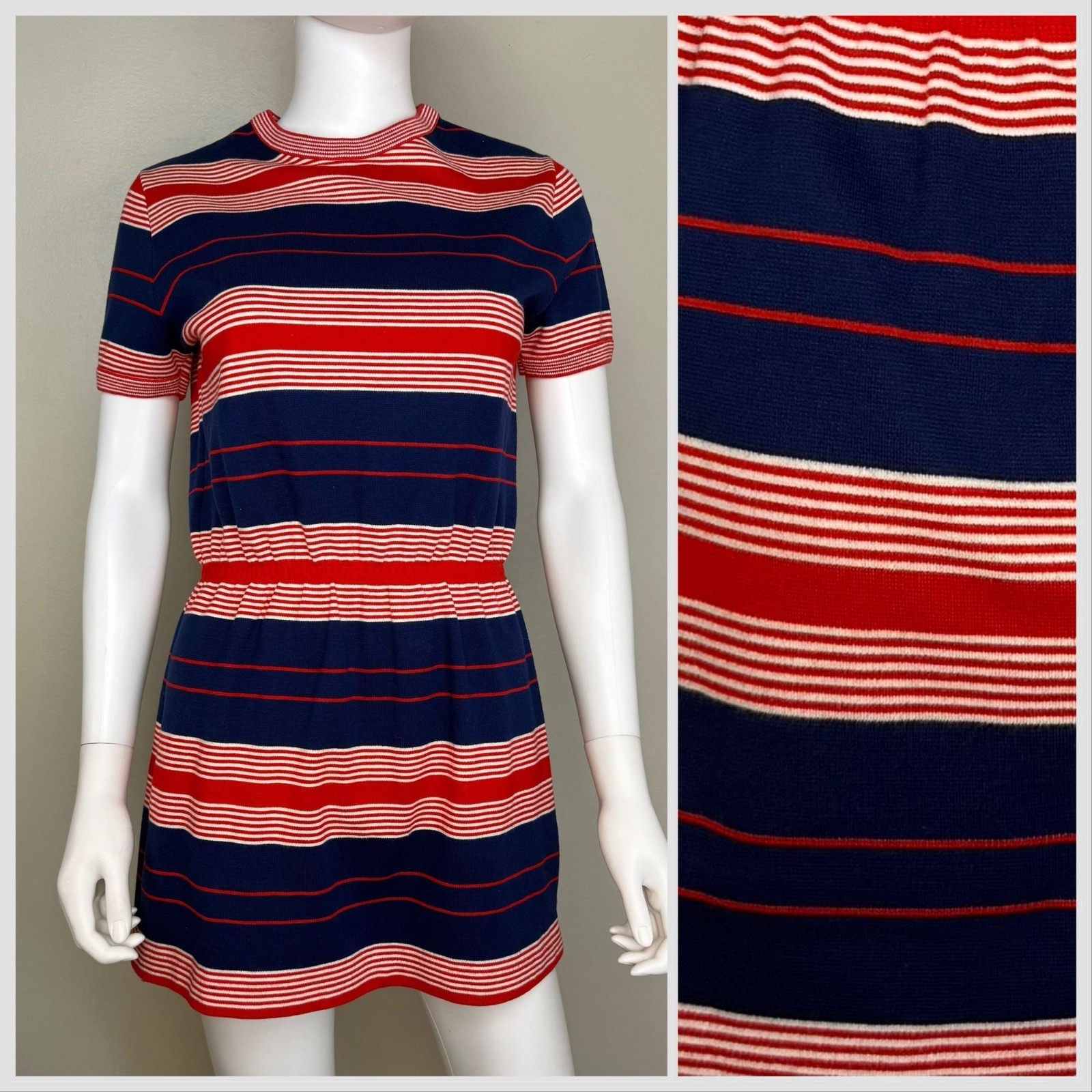 Vintage 1970s Red White Blue Stripe Knit Micro Mini Dress 70s Aileen Mod Small