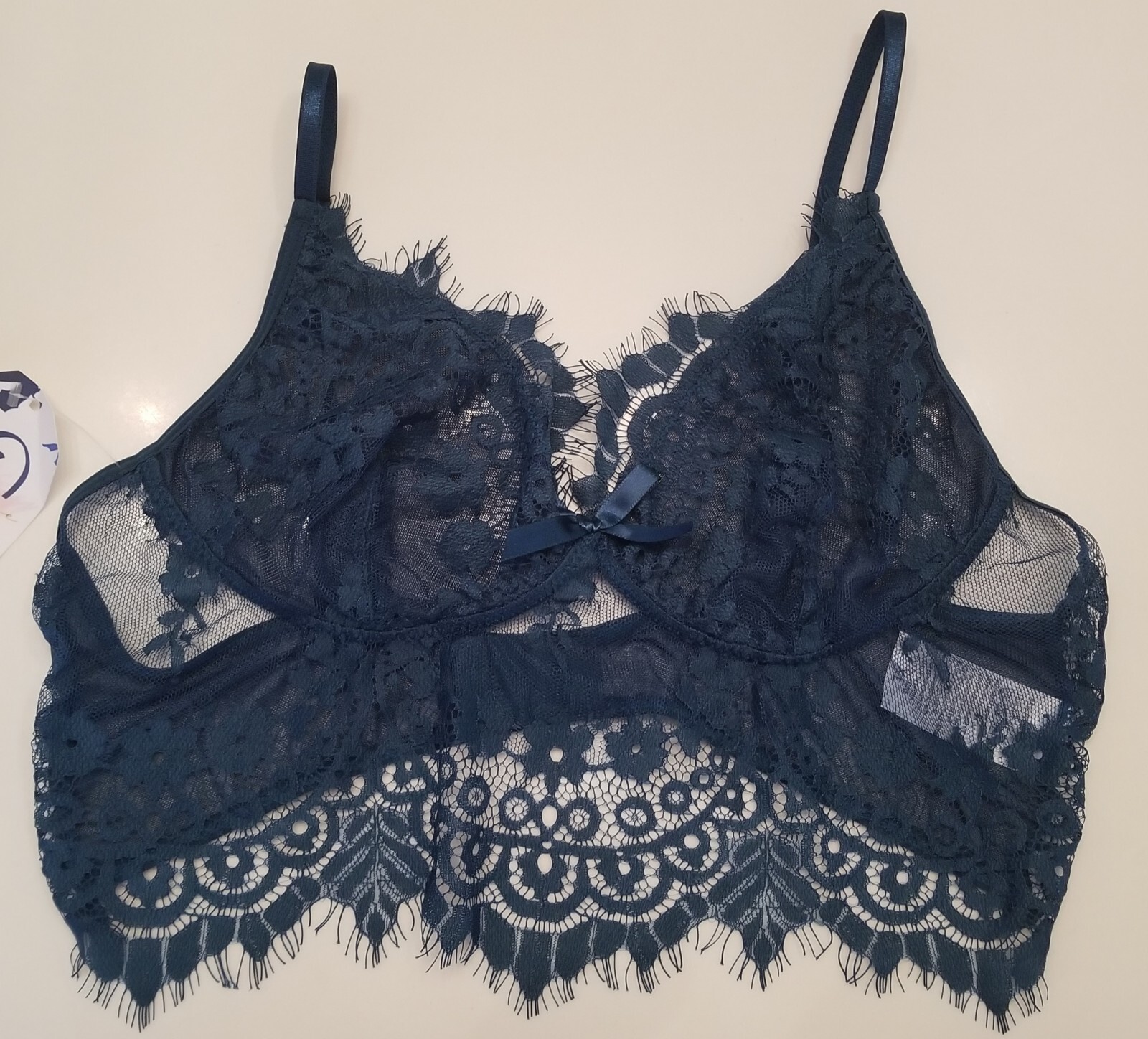 Q Fashion Bralette Size XL Lace Longline Wireless Teal Turquoise Bow Sexy