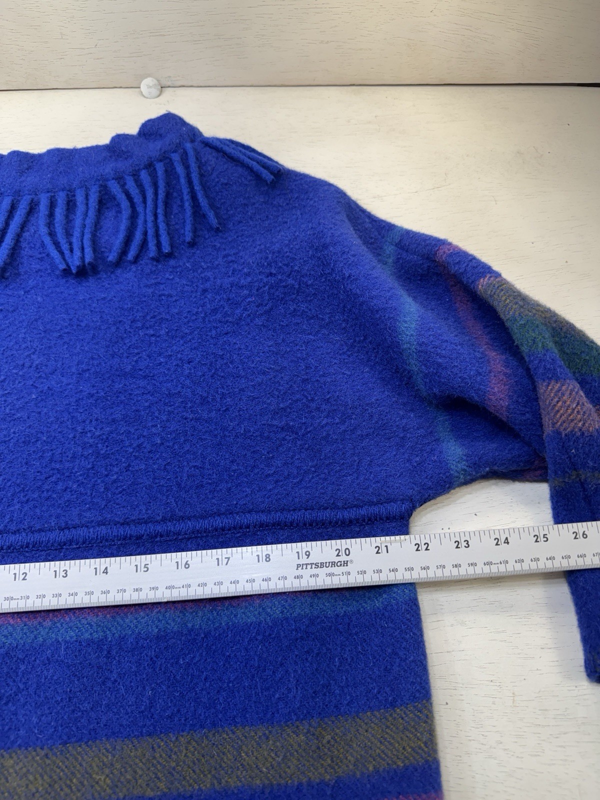 Vintage Lapp Lander Fringed Blanket Sweater Blue 100% Wool Norway 40