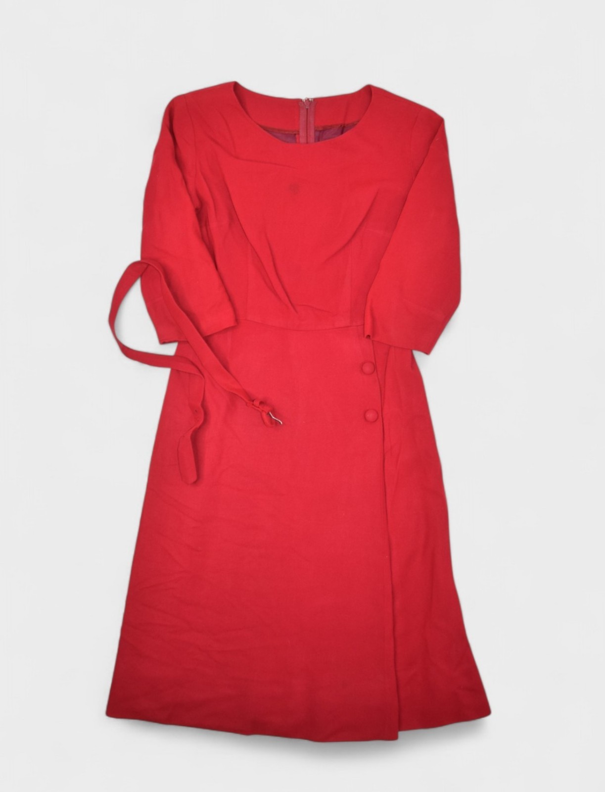 Vintage 60s Dress Womens Small Red Wool House Day Belted Midi 1/2 Sleeve