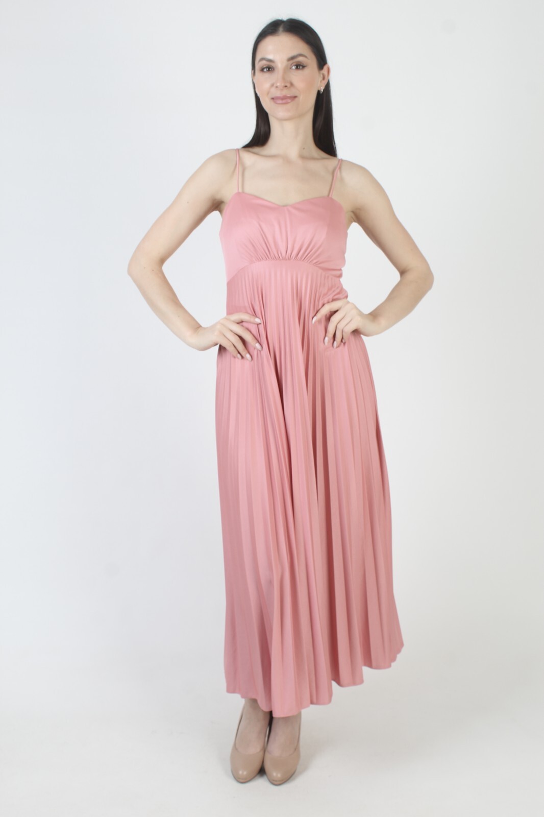 Vtg Pink Grecian Goddess Dress Salmon Spaghetti Strap Pleated Disco Dancing Gown