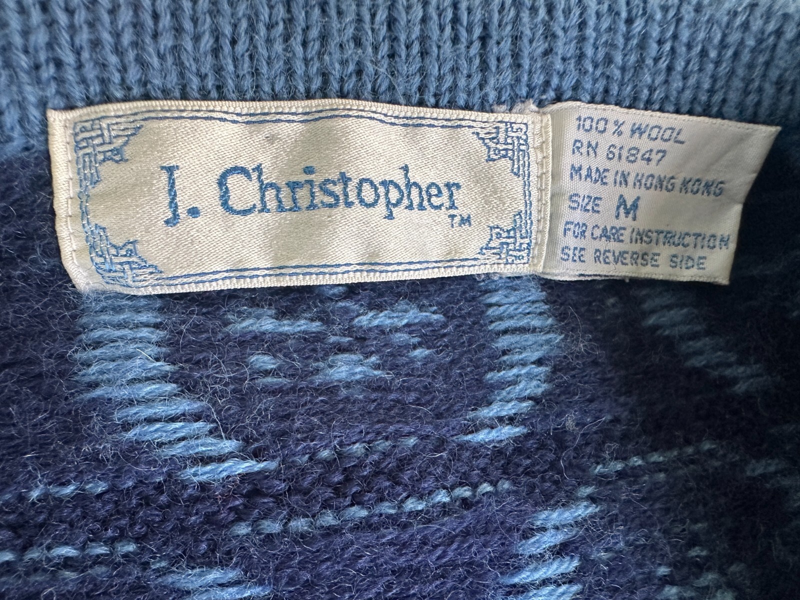 Vintage 1980s 2 Tone Blue Wool Cardigan Sweater with Shoulder Pads J Christopher