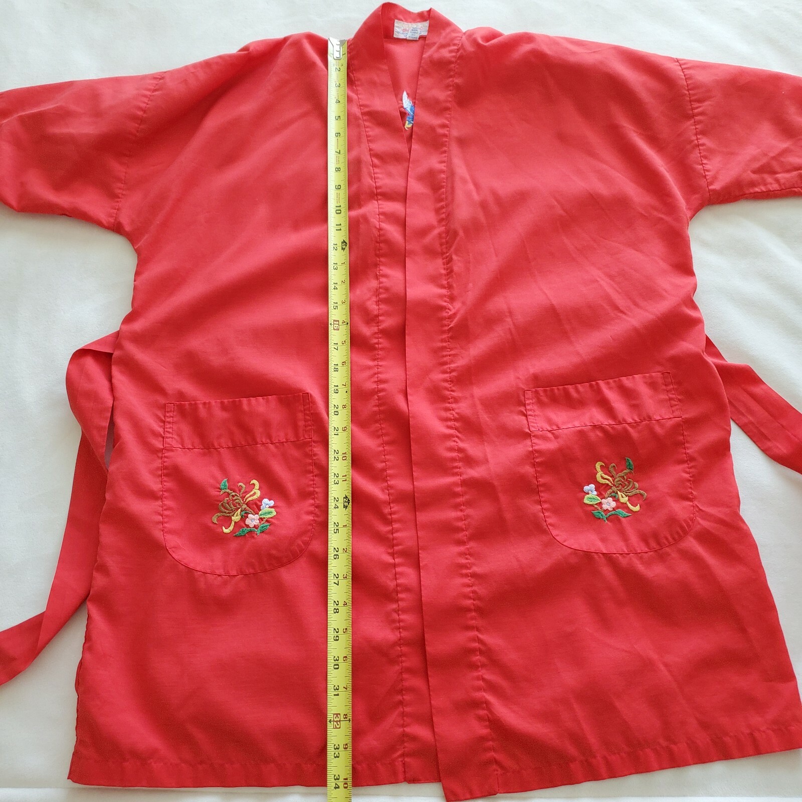 Jodie Arden Vintage Robe Embroidered Embroidery Red Dressing Gown Pockets Large