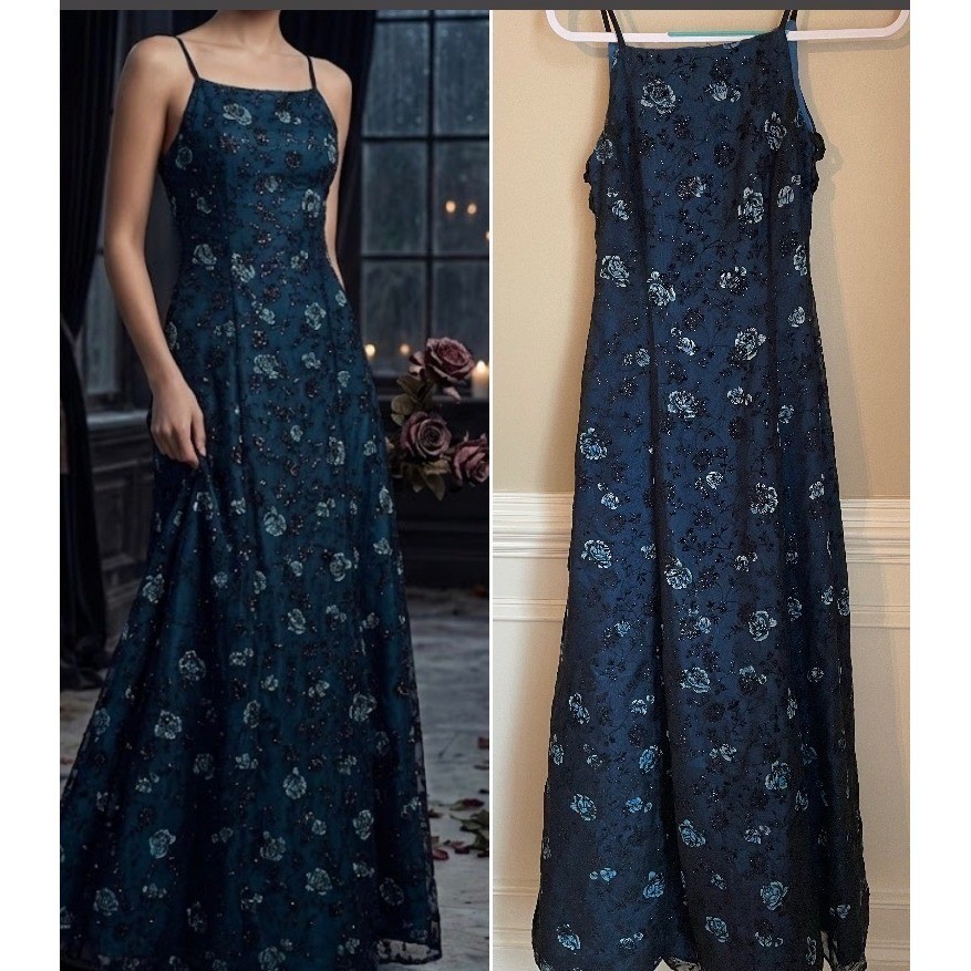Vtg 90s Morgan & Co Sz 2/4 Velvet Burnout Midnight Blue Black Dress Whimsigoth