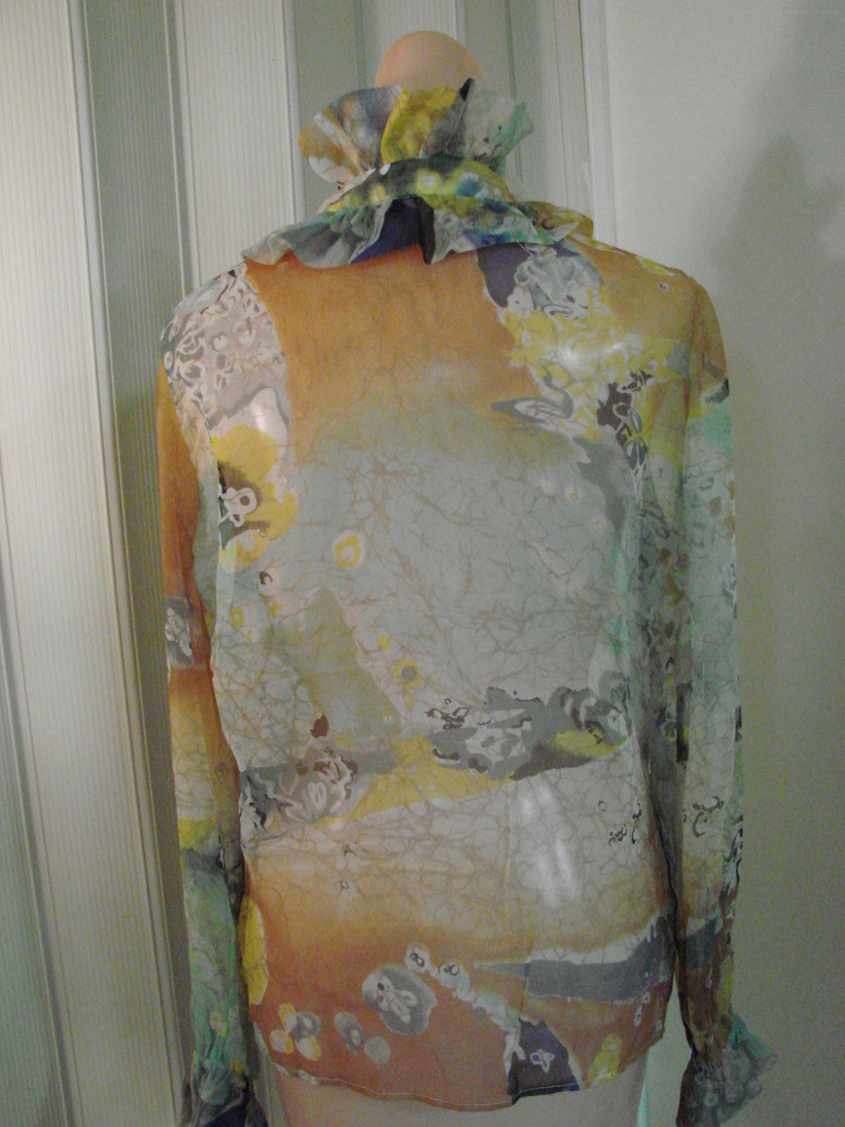 VTG 50s Long Sleeve Top Blouse Button Front Sheer Water Color Batik M UNIQUE VGC