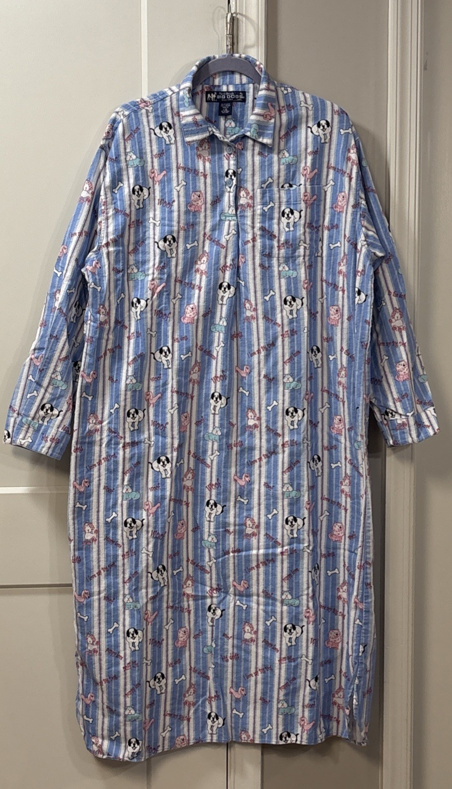 BIG DOGS Blue Nightgown Women’s L-XL Flannel 100% Cotton Puppy Love
