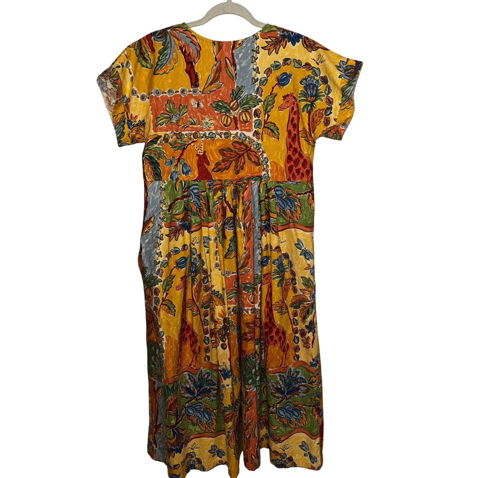 Vintage Walk of the Bay Safari Giraffe Print Cotton Midi Dress Yellow Large USA