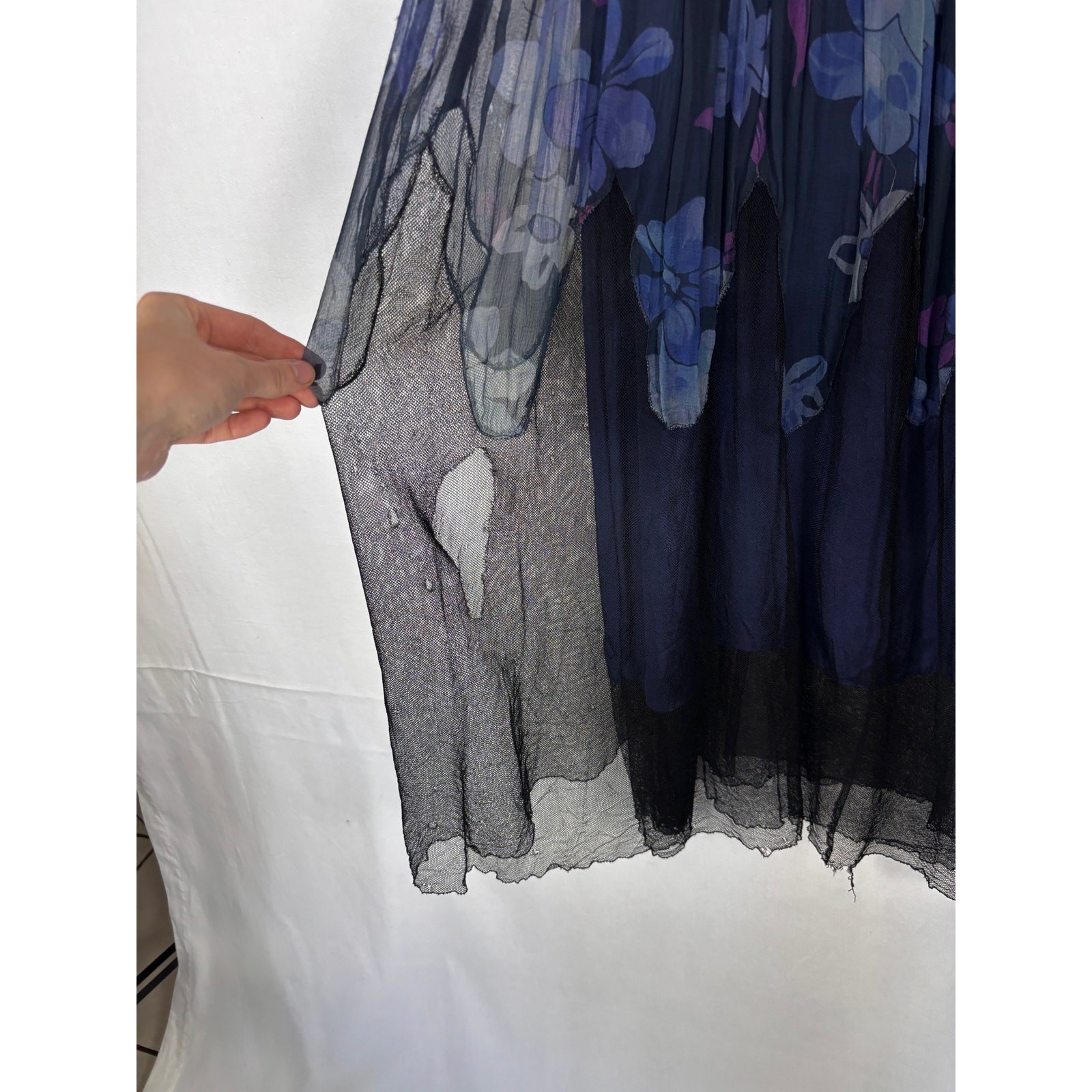 Antique 1920s Navy Floral Silk Dress Flapper Era Flutter Sleeve Drop Waist