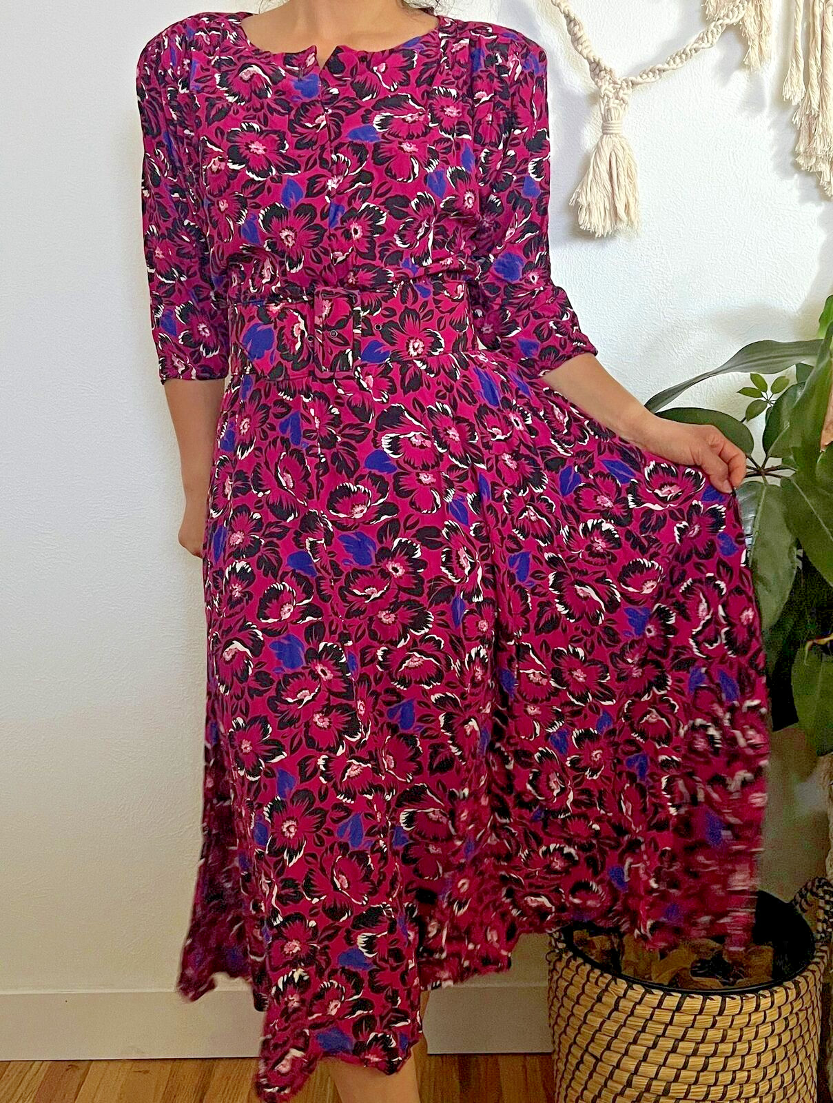 vtg 80s Jody California pink blue floral midi dress belted swing skirt large