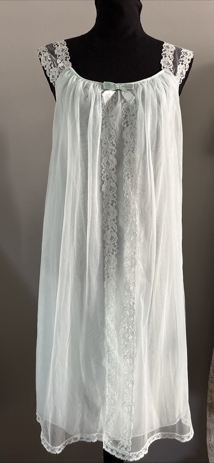 Vtg 60s Lt Blue Double Layer Chiffon Nylon Lace Short Nightgown Nightie Small