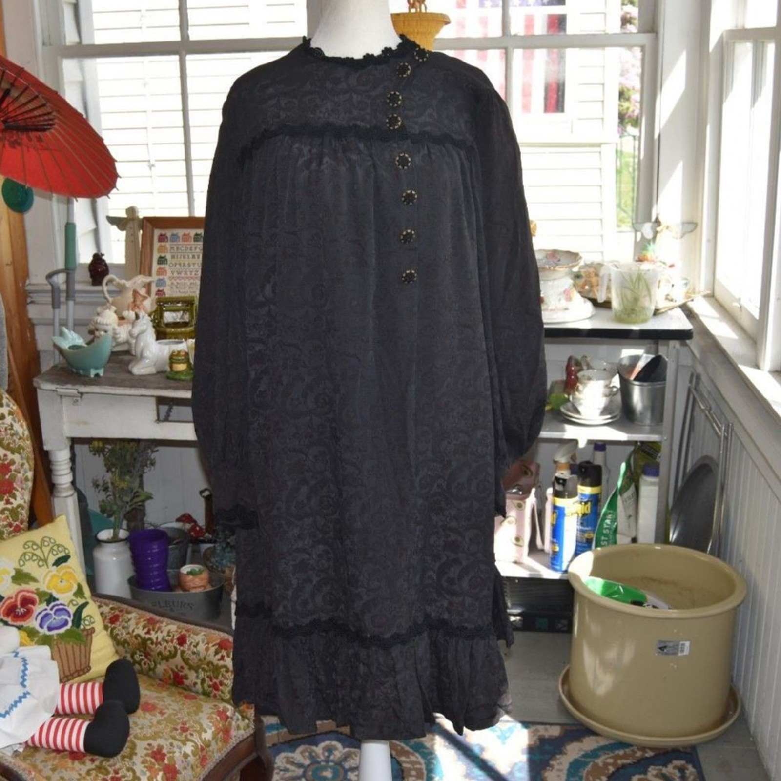 Vintage 70s Black Brocade Prairie Dress Overdress XL Romantic Goth