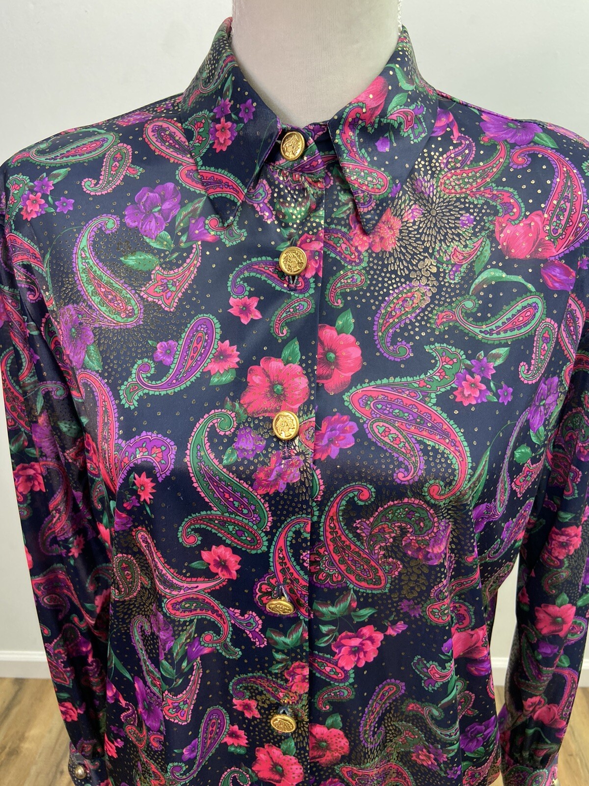 Vintage Silver Threads Multi-Color Floral Paisley Shiny Button Shirt Size Medium