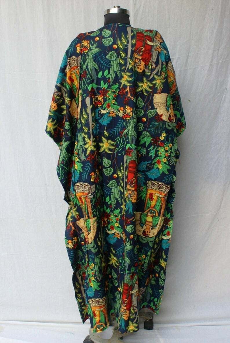 Blue Cotton Kaftan, Indian Floral Kaftan, Long Caftan, Beach Cover up, Sleepwear