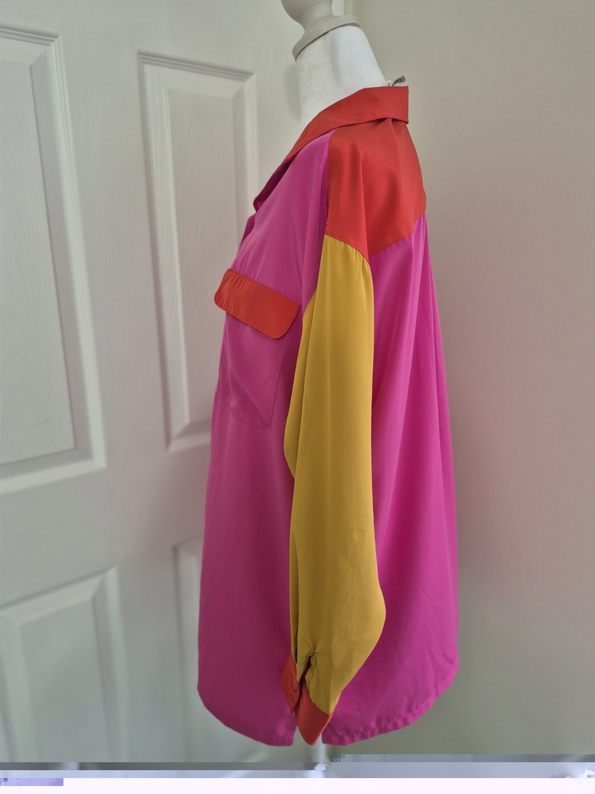 Vintage 80s Diane Von Furstenberg Colorblock Shirt Top Pink Red Yellow Sz 10 M