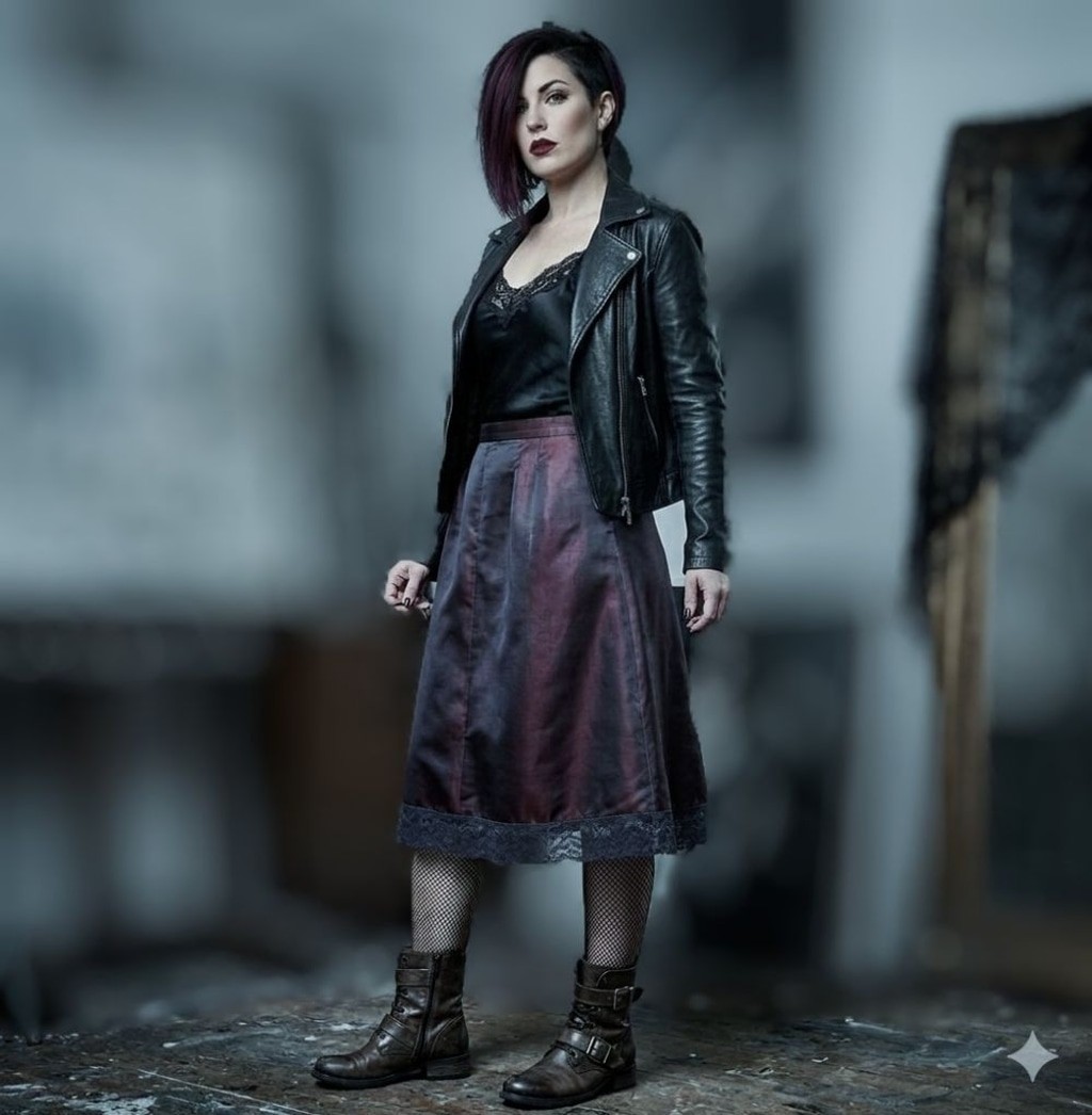 Vintage Satin A-Line Skirt with Lace Hem – Deep Plum Midi Skirt