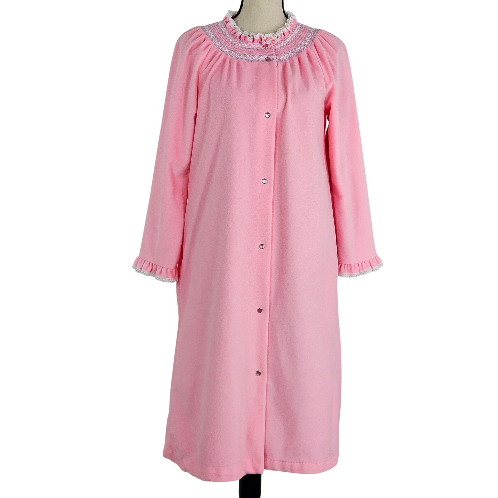 Vintage Leisure Life Robe Womens Small Pink Excellent Smocked Snap Front USA
