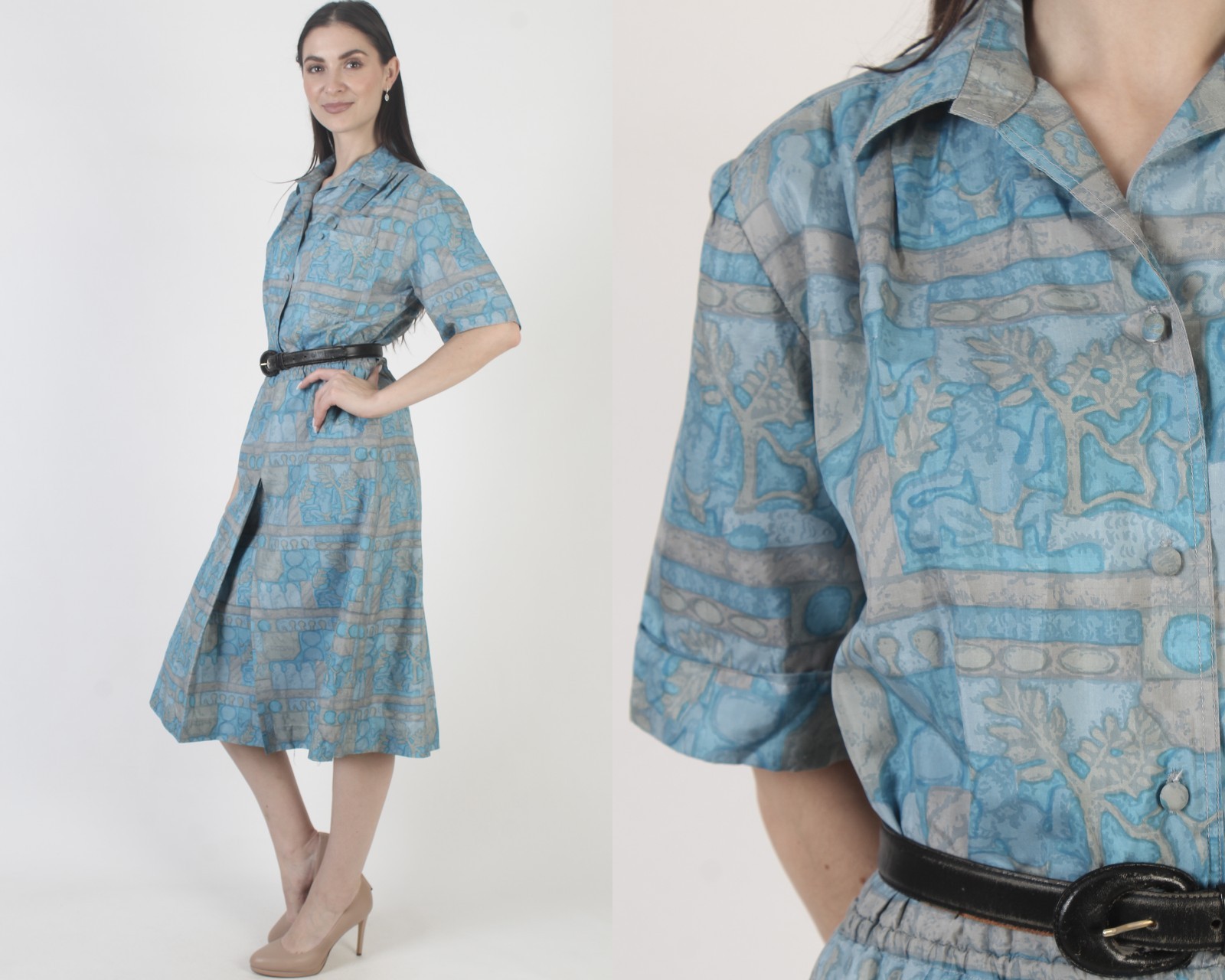 Vtg 60s Thai Silk MCM Dress Mid Century Mod Rockabilly Asian Ancient Print