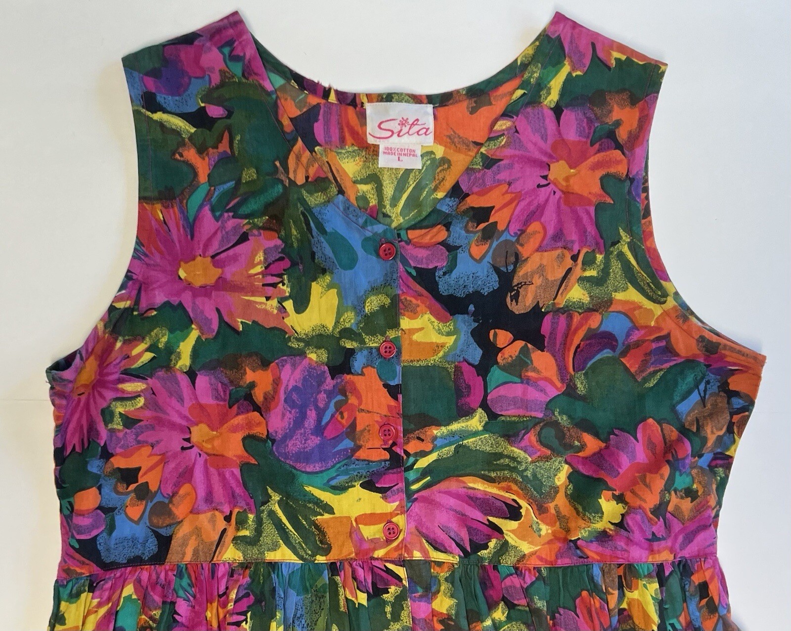 Vintage Sita Nepal Long Dress 100% Cotton Sz Large L Bright Floral Pockets VGUC