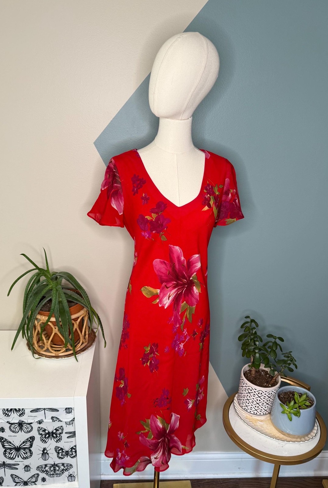 Donna Ricco Floral Chiffon Dress 8 Pink Red Lily Hanky Hem Wedding Guest Y2K
