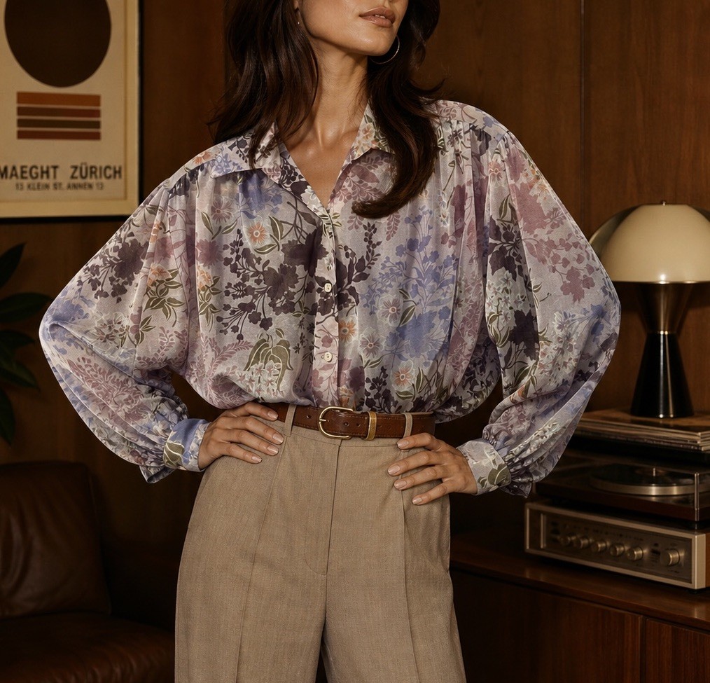 Vintage 60s Mr Star Floral Blouse Womens L Purple Sheer Retro Mod Button Up