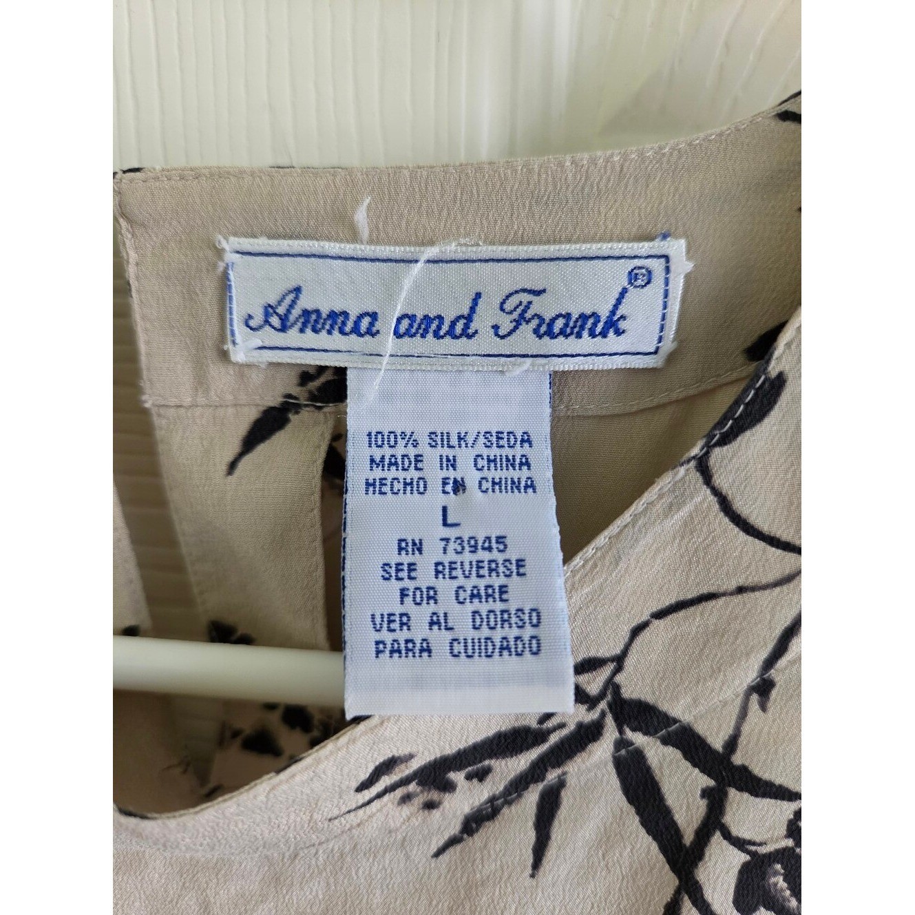Vintage Anna & Frank 100% Silk Blouse Beige Bamboo Floral Print Short Sleeve L