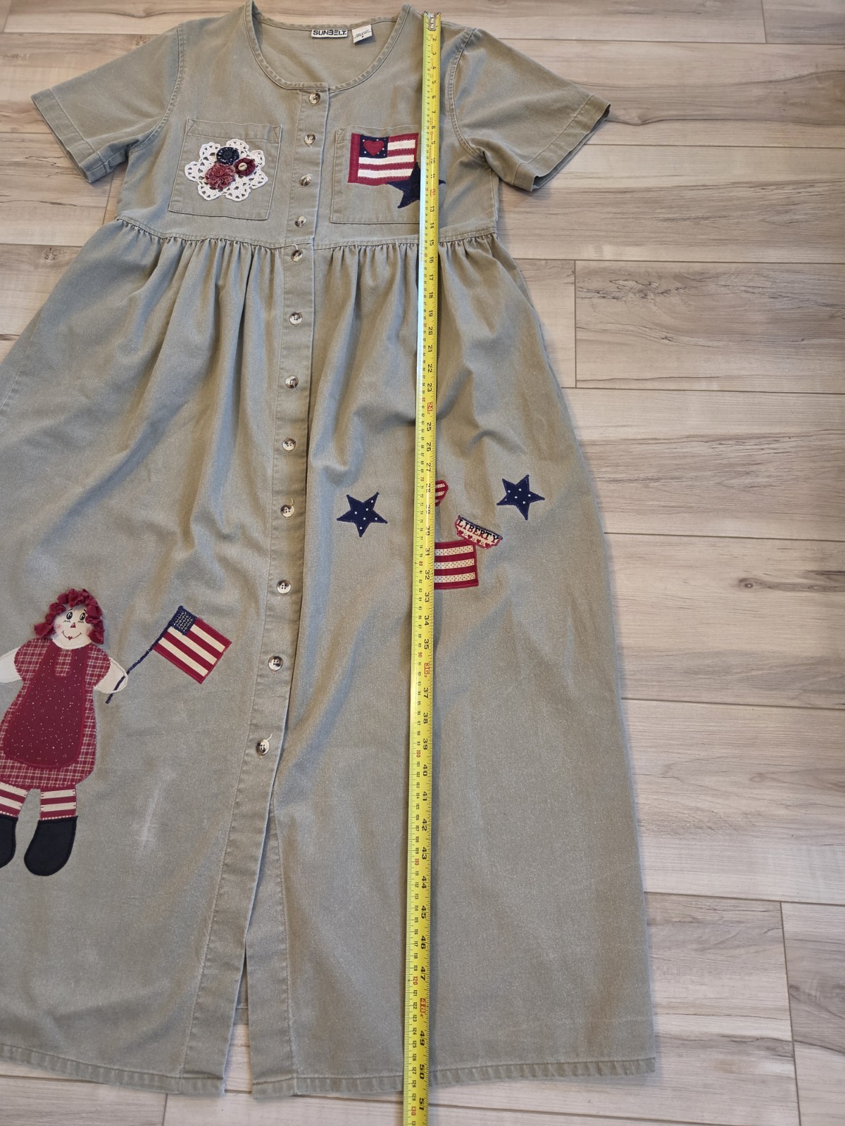 Vintage SUNBELT American Flag Patriotic Denim Dress Women’s Size S Sage Cotton