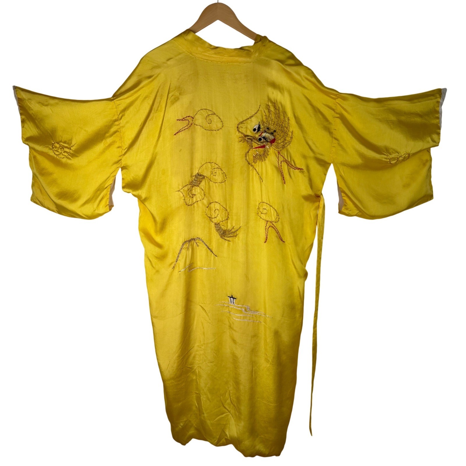Vintage Yellow Kimono Robe Dragon Gold Metallic Embroidery Long Duster Belt