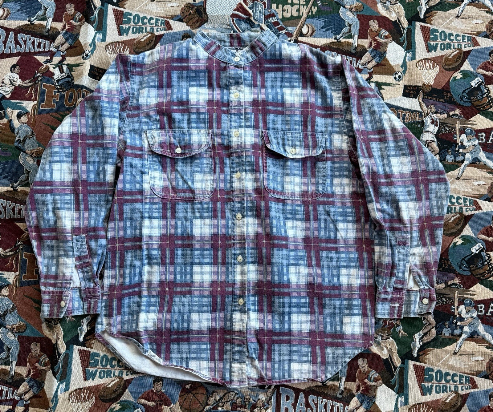 Vintage 90s Women’s Bonjour Blue Plaid No Collar Shirt Size Medium Button Up