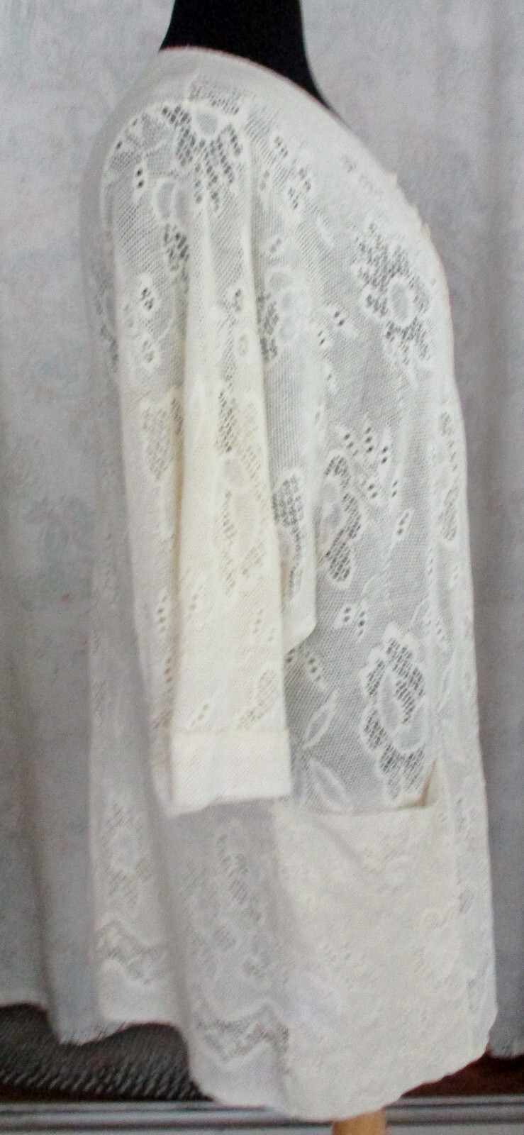 VTG Lace MED Crocheted Open Front Jacket Light Coverup w/ Pockets Made in France