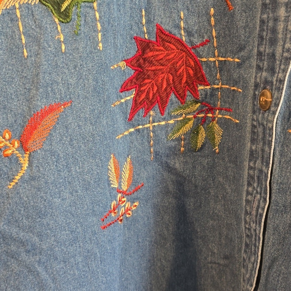 Vintage Dress Barn Denim Shirt Womens 3X Embroidered Leaves Boho Western Fall