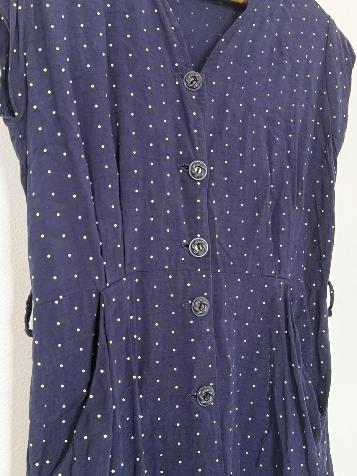 VINTAGE 40s FLOCKED POLKA DOT RAYON JERSEY BUTTON FRONT SLEEVELESS MIDI DRESS SM