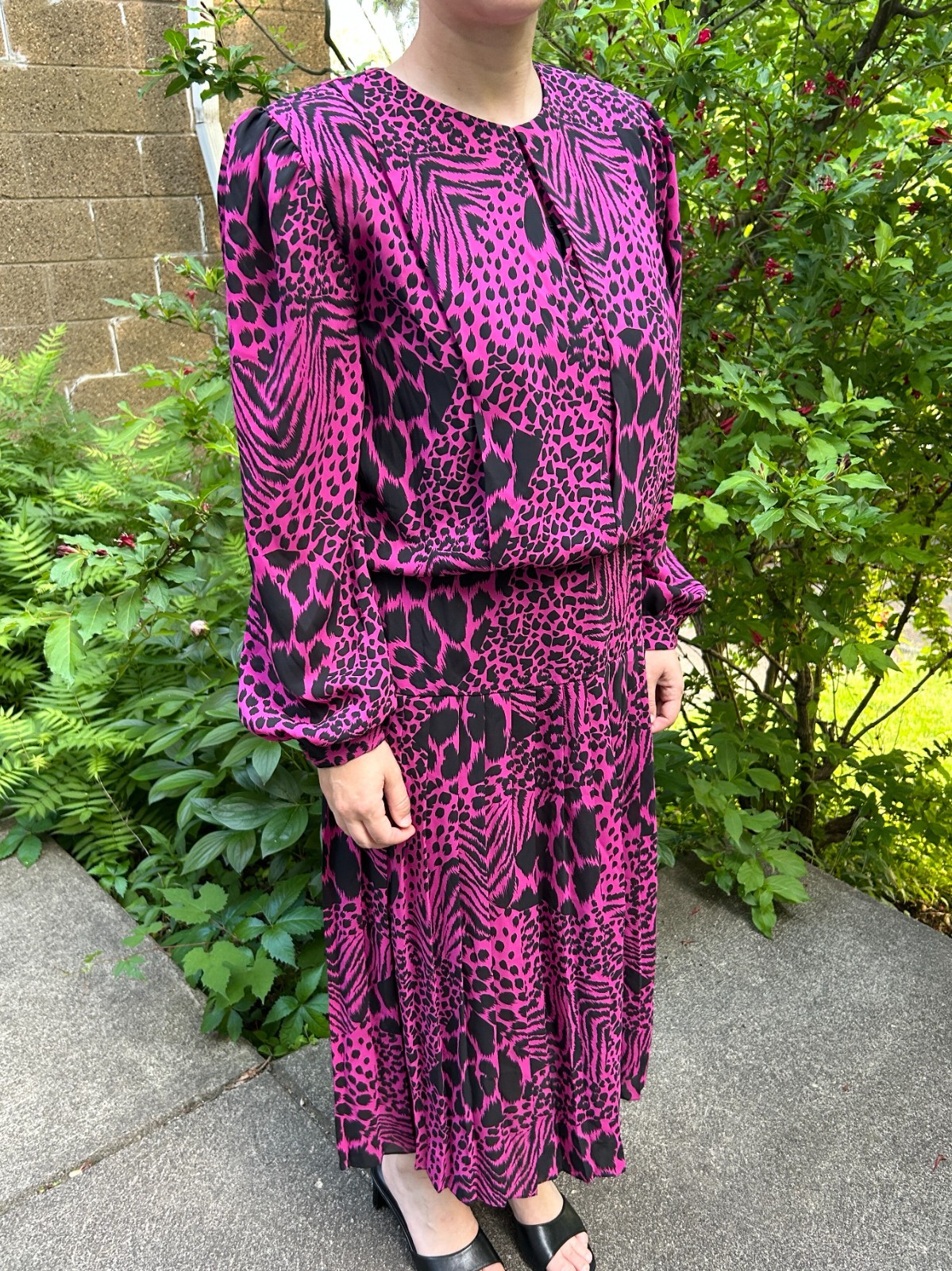 80s John Roberts Animal Print Dress Pink Black Vintage Long Sleeve Size M
