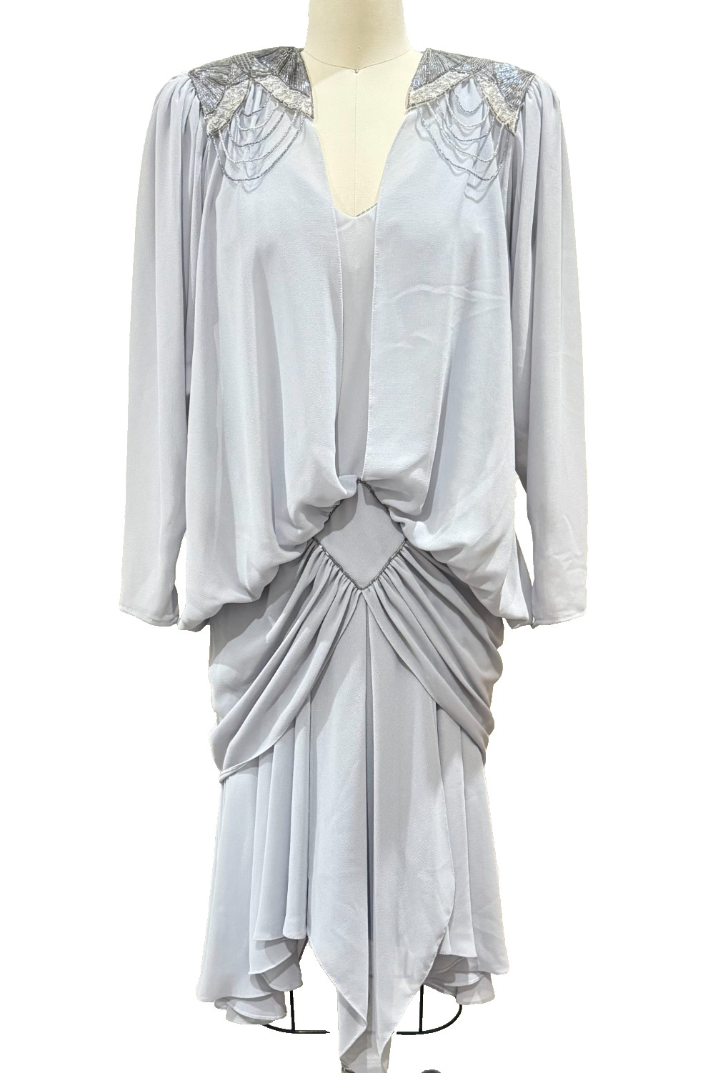 Vtg Casadei DropWaist Dress Women Sz 6 Beaded Shoulders 80s Does 20s Blue/Gray