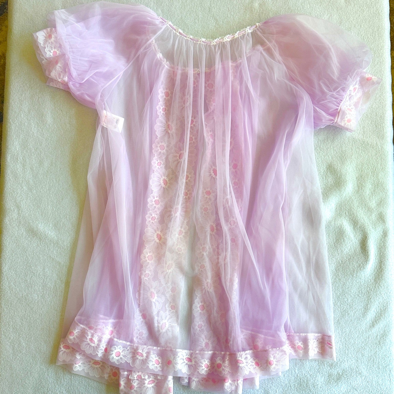 Vintage 1970s Chiffon Peignoir Set 2pc Lavender Lace Babydoll Nightgown ILGWU