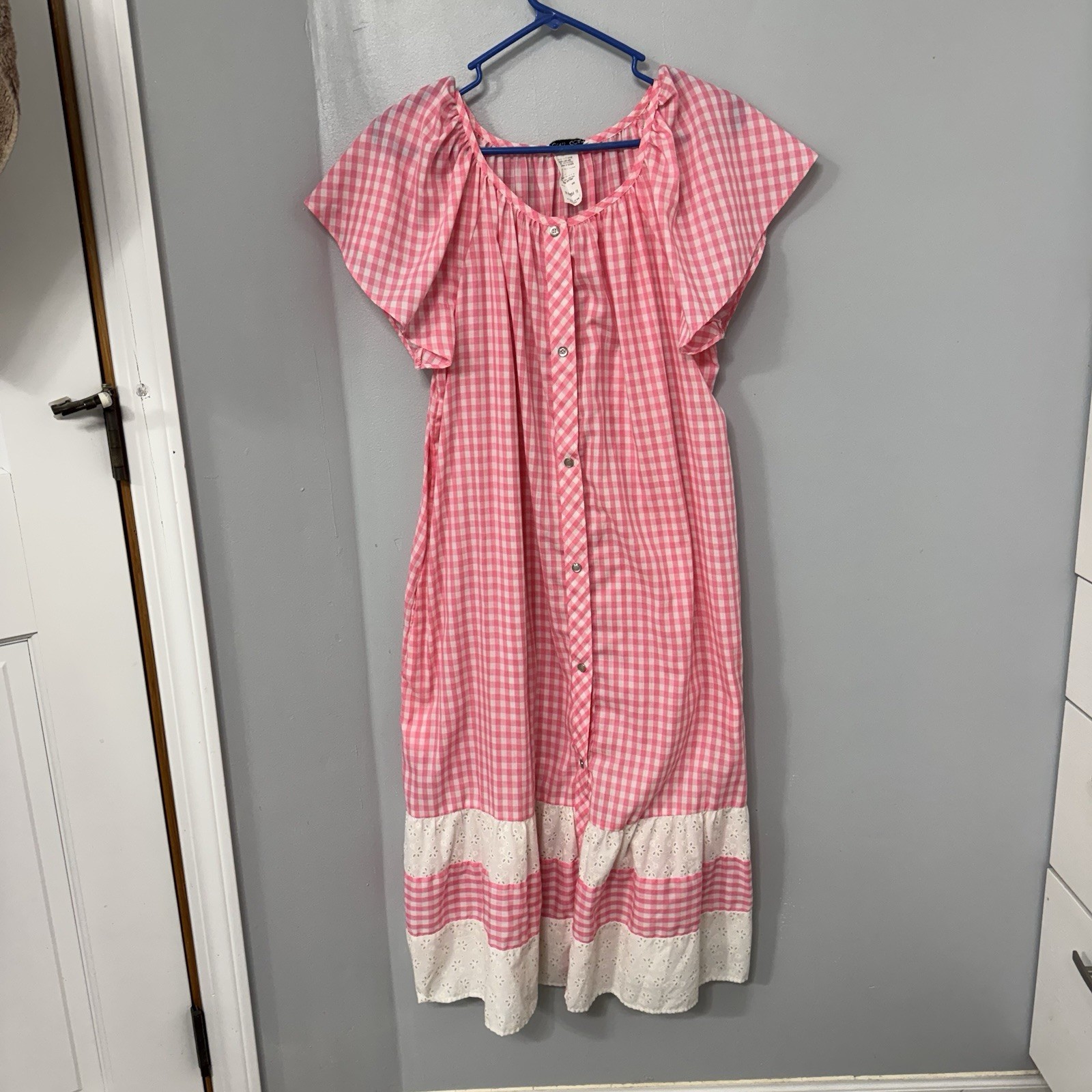 Vintage Models Coat Pink Gingham Granny House Dress Size 16 Snap Closure
