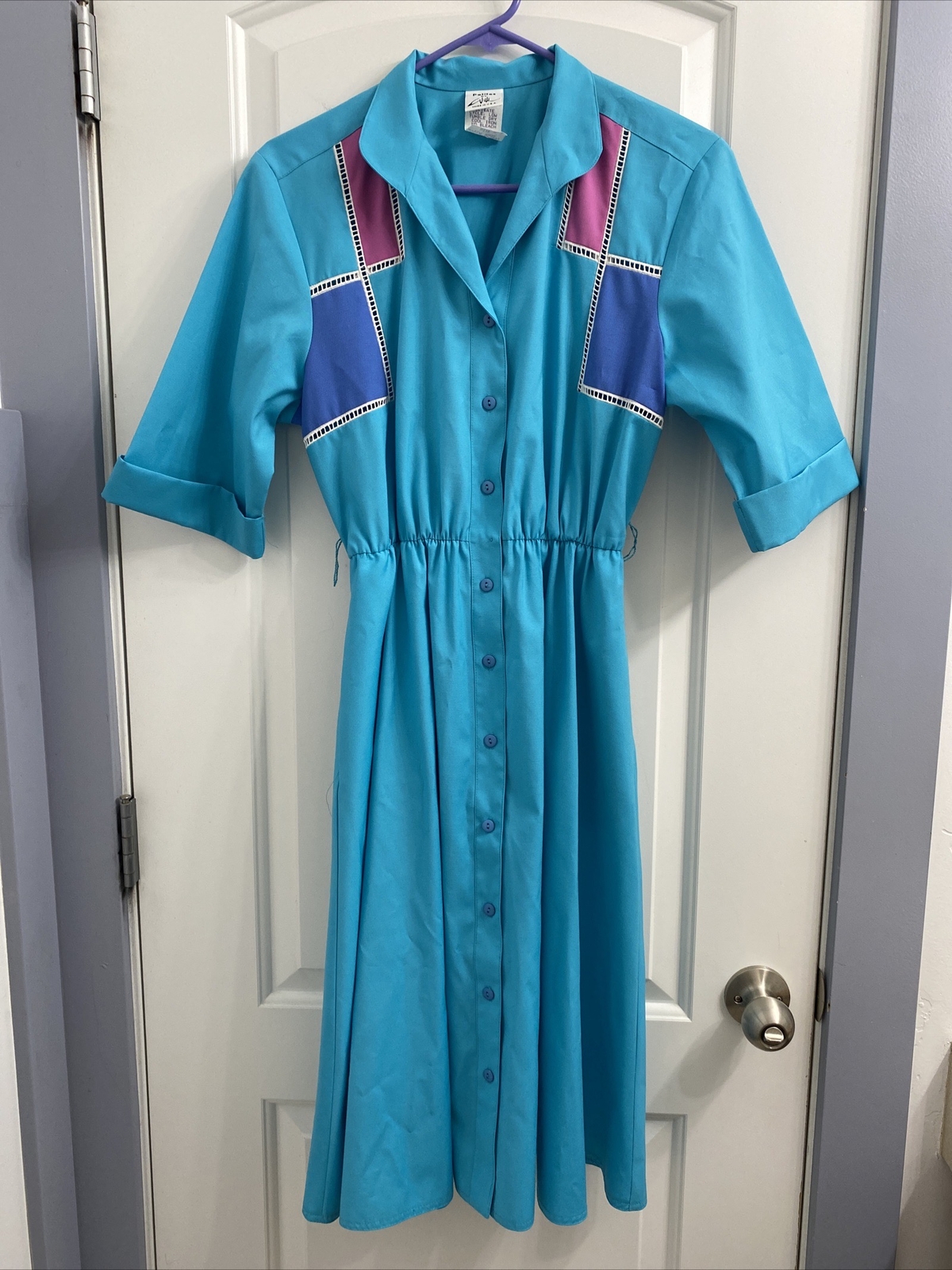 Vintage 80s Turquoise Pink Geometric Shirt Dress 8 Petites By Willi Pockets