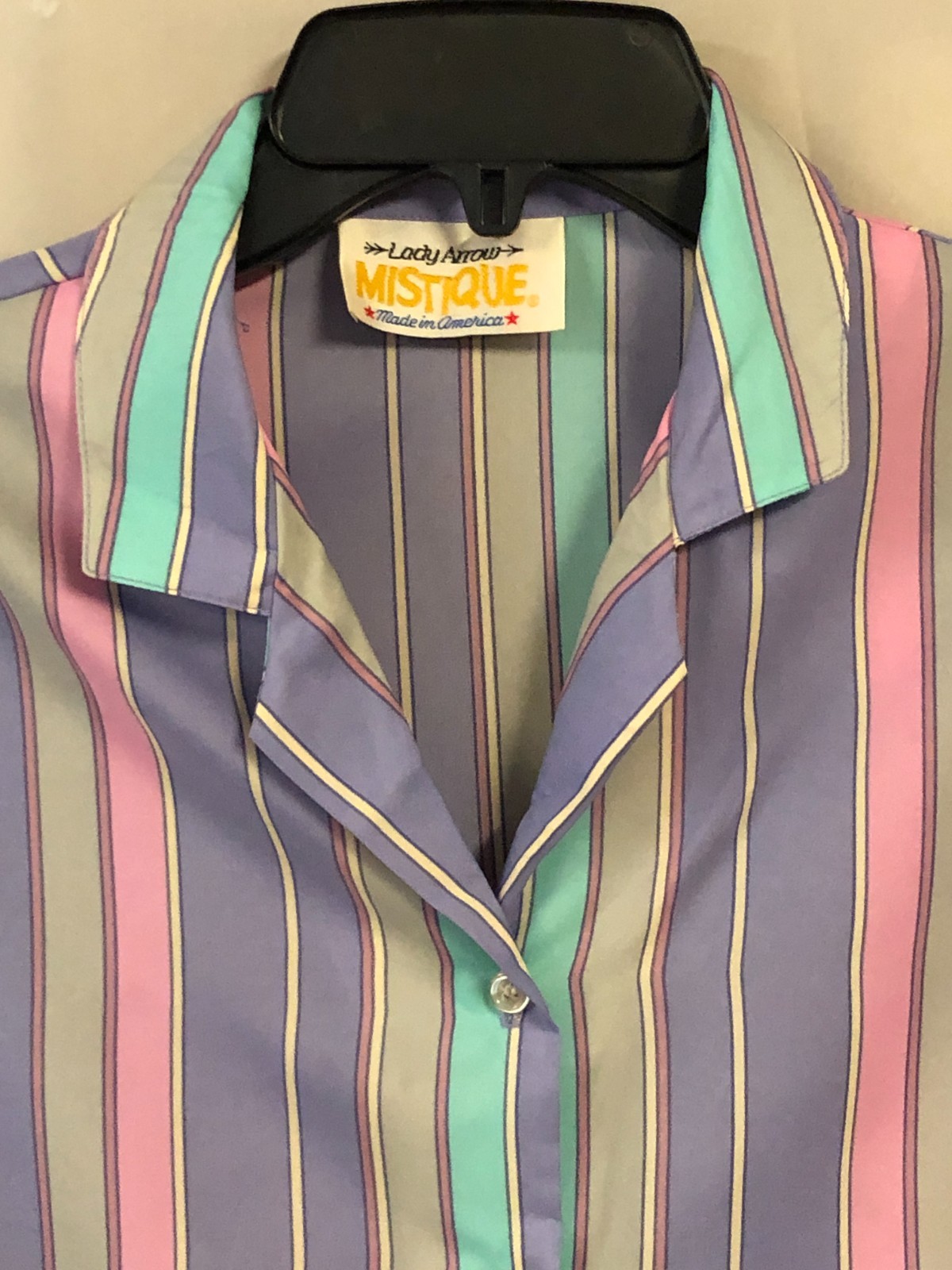 Vtg 70s Lady Arrow Mistique Blouse Size 10 Striped Button Down Short Sleeve Top