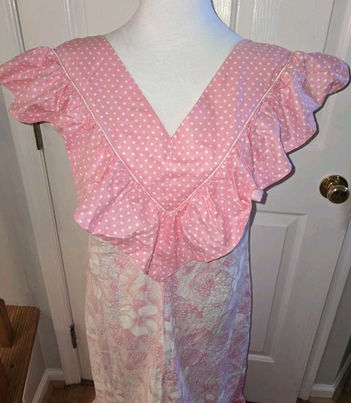 Vtg. Hilda Hawaii Maxi Dress Pink Teal Floral Polka Dot Hawaiian Muumuu 39 Chest