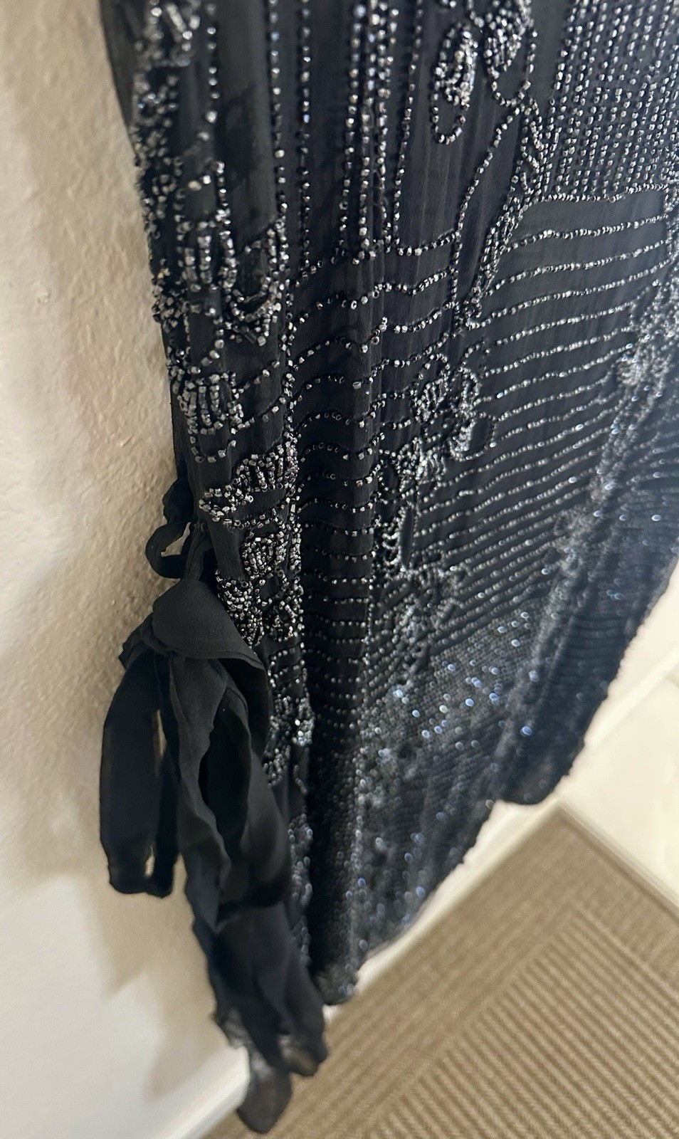 Antique Art Deco Beaded Silk Chiffon Tabard Dress Black Glass Beads 1920s Medium