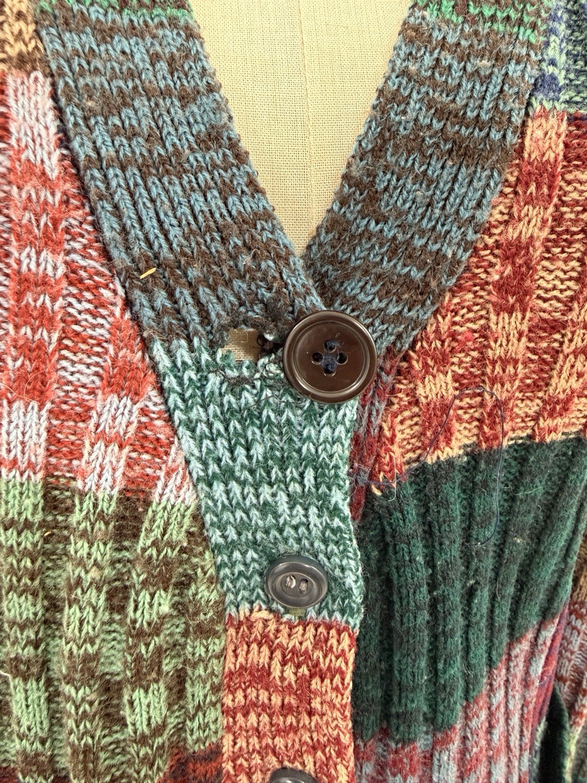 vintage space dye cardigan button up 60s 70s pockets acrylic womens m patchwork