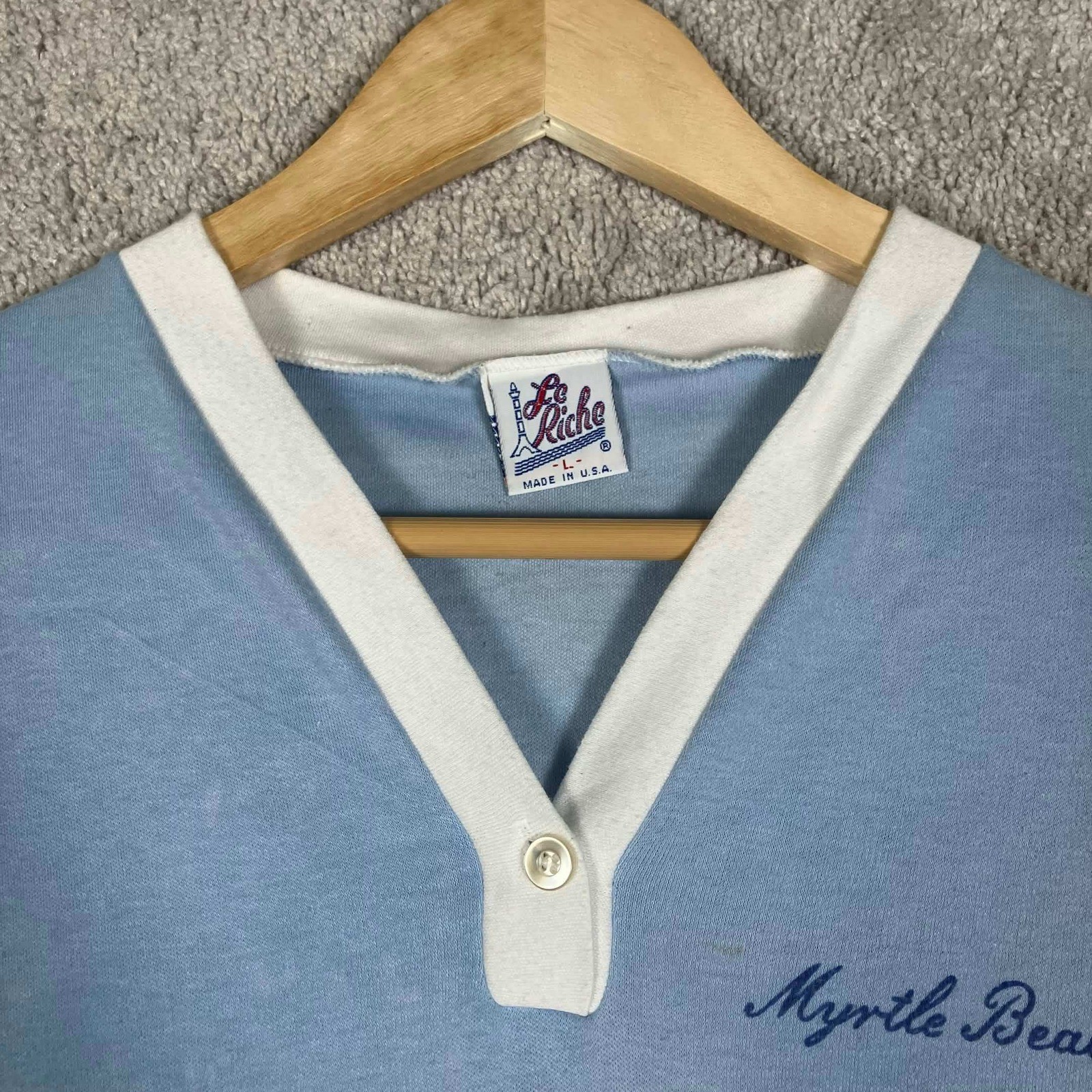 Vintage Le Riche Myrtle Beach SC V-Neck Shirt Light Blue Womens Large USA