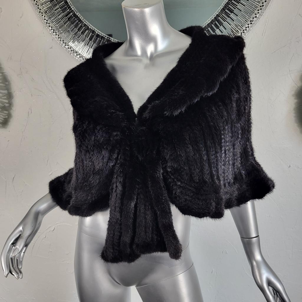SAKOWITZ~S/M/L~VINTAGE BLACK KNITTED GENUINE REAL MINK FUR STOLE WRAP CAPE COAT