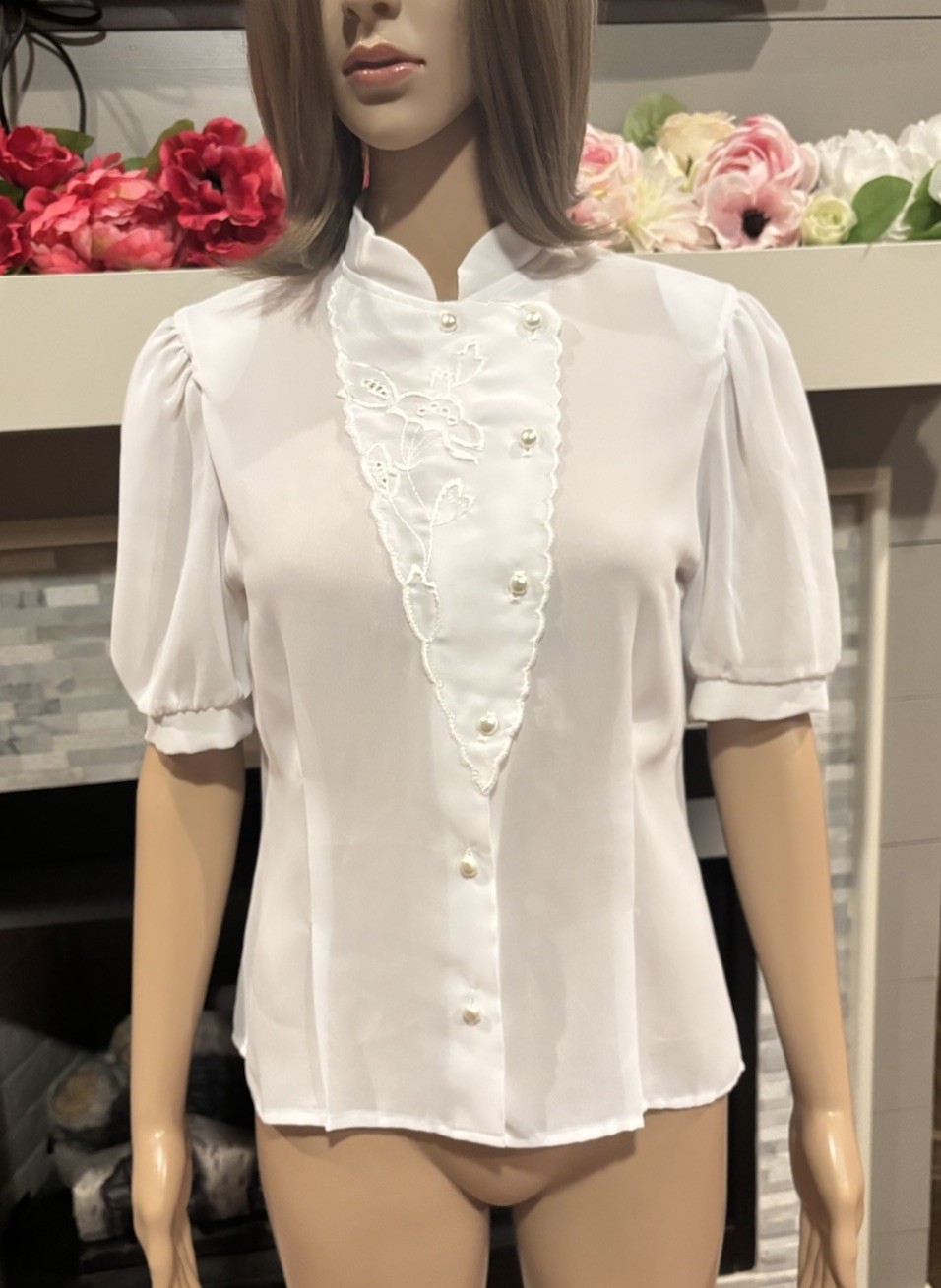 Vtg 50’s white sheer nylon chiffon embroidered secretary geek tailored blouse