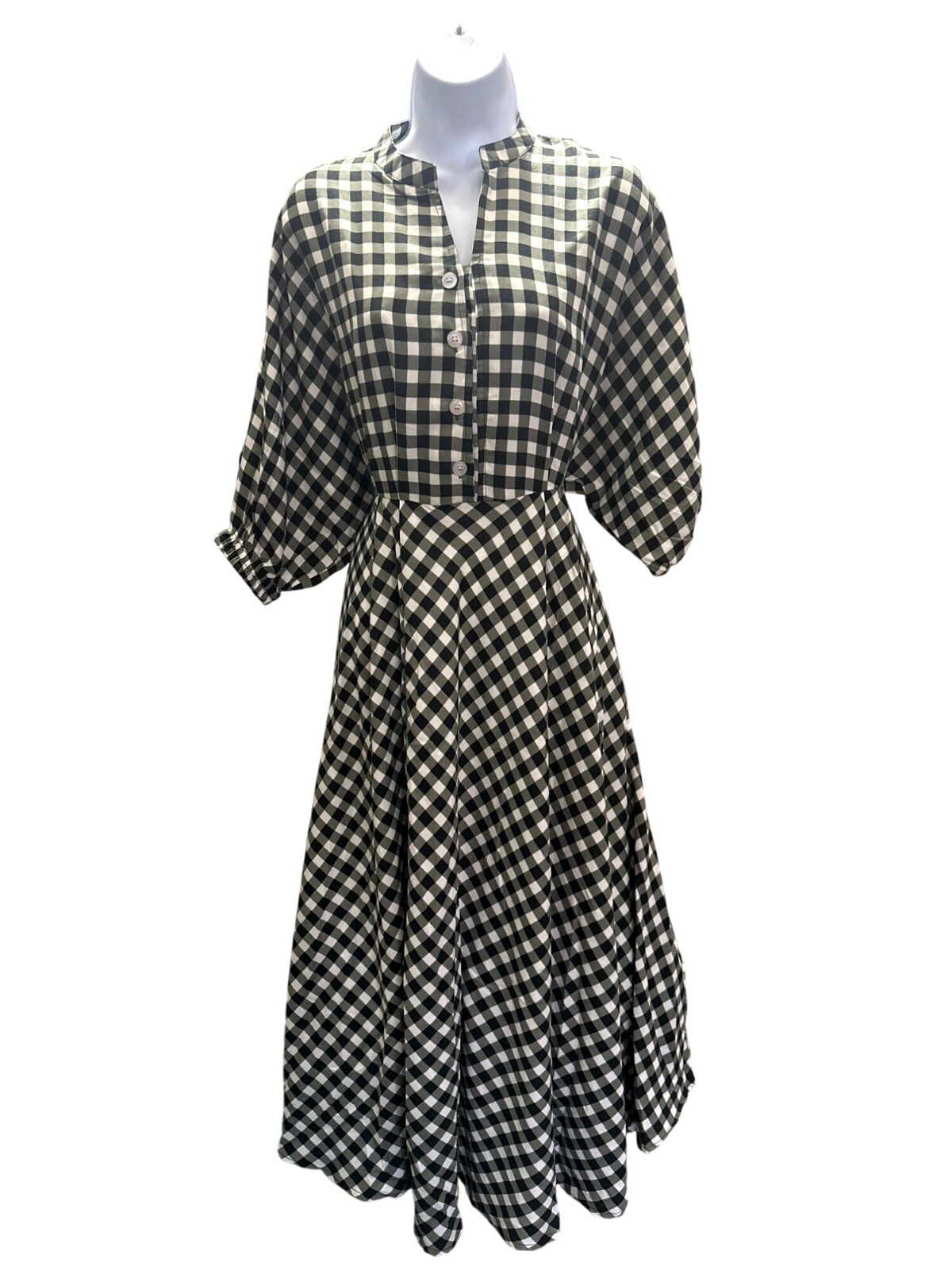 CCC Vintage Black White Gingham Checkered Midi Dress Button Front Elastic Cuffs
